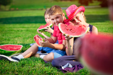 Cute children eating watermelon on a sunny day