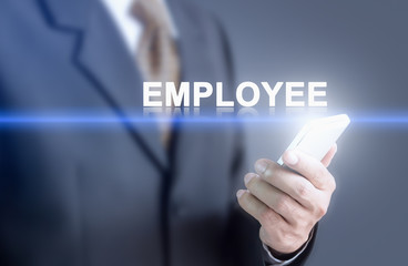 Businessman pressing hand EMPLOYEE message on virtual screen. Can bring to the medium of your ad.