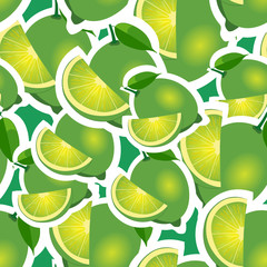 Pattern. lime and leaves different sizes on green background.