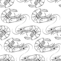 Shrimps seamless pattern. Vector black and white illustration.