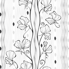 Seamless pattern with flowers of sweet peas. Vector monochrome illustration.