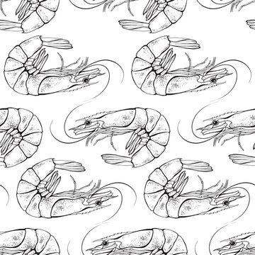 Shrimps seamless pattern. Vector black and white illustration.