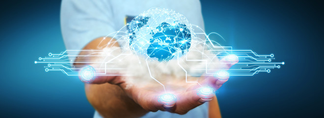 World and cloud connections in businessman hand © sdecoret