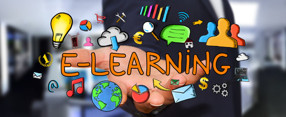 Businessman holding hand-drawn e-learning presentation