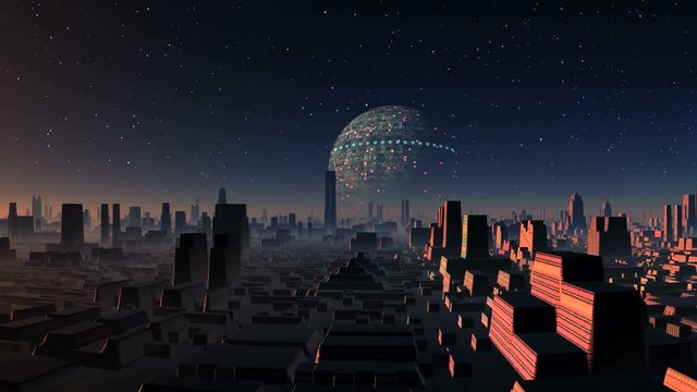 Huge UFO Over Alien City. From the depths of space is approaching a huge spherical UFO. On it glowing lights. UFO approaching the alien city, consisting of various buildings.