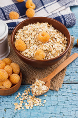 Portion of oatmeal in the bowl with yellow berries