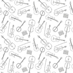 Hand drawn sketch illustration seamless pattern background of stringed instruments and electronic amplifier isolated on white with lettering