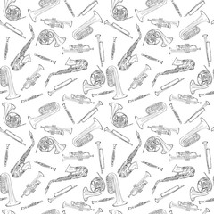 Hand drawn sketch illustration seamless pattern background of Wind instruments set isolated on white © fuzzylogickate