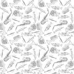 Hand drawn sketch illustration seamless pattern background of Wind instruments set isolated on white with lettering