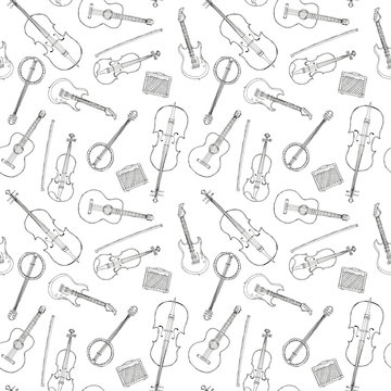 Hand drawn sketch illustration seamless pattern background of stringed instruments and electronic amplifier isolated on white with lettering