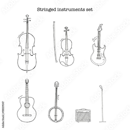 "Hand drawn sketch illustration of stringed instruments set with