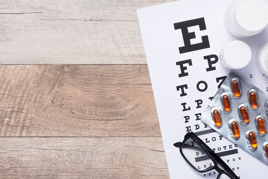 Healthy eyes. Eye chart and medicine