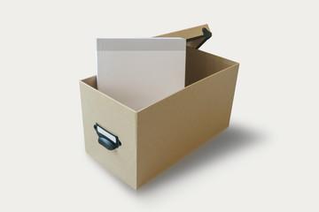 Cardboard box with a lid on the wooden background.