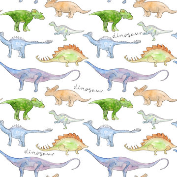 Watercolor Hand drawn seamless background pattern with illustration of green, blue and brown dinosaur silhouettes with lettering