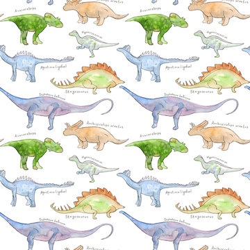 Watercolor Hand drawn seamless background pattern with illustration of green, blue and brown dinosaur silhouettes with lettering of kind