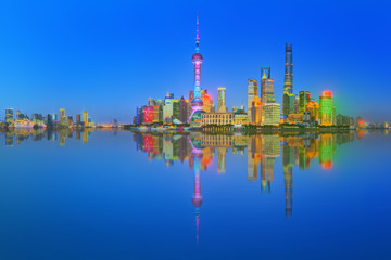 Naklejka premium Beautiful night Shanghai's cityscape with the city lights on the Huangpu River, Shanghai, China