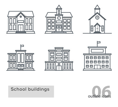 school building icons. Outline vector illustration.