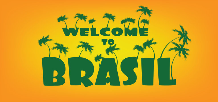 Welcome to brasil card with palm trees over orange background, in outlines. Digital vector image
