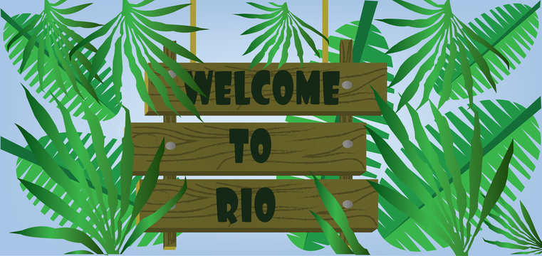 Welcome to rio text on planks card with palm branches over blue background. Digital vector image