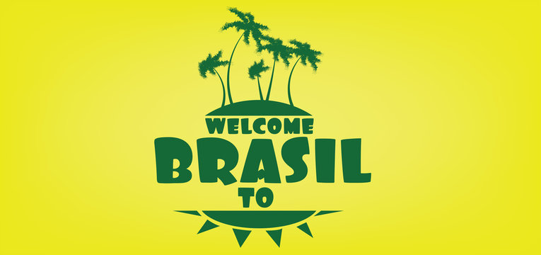 Welcome to brasil card with an island and palm trees over yellow background, in outlines. Digital vector image
