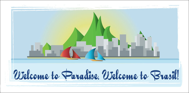 Welcome to Brasil paradise card with mountains, boats and city view over white background, in outlines. Digital vector image