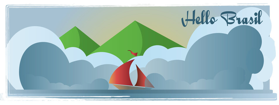 Hello Brasi card with mountains, a boat, and sea view over white background, in outlines. Digital vector image
