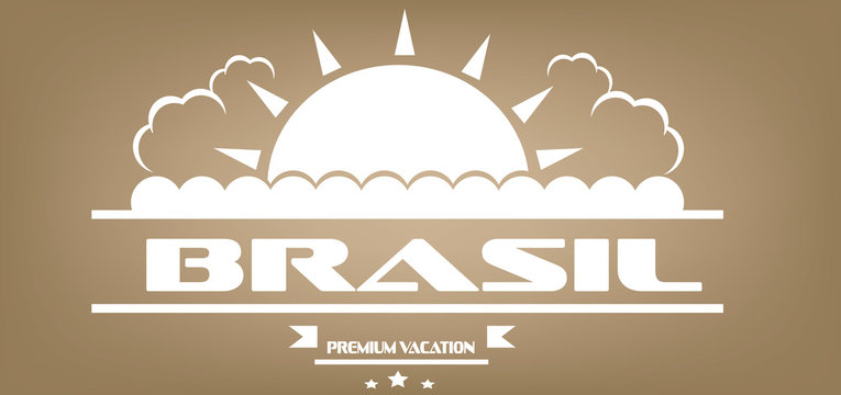 Brasil, premium vacation card with sun and clouds over brown background, in outlines. Digital vector image
