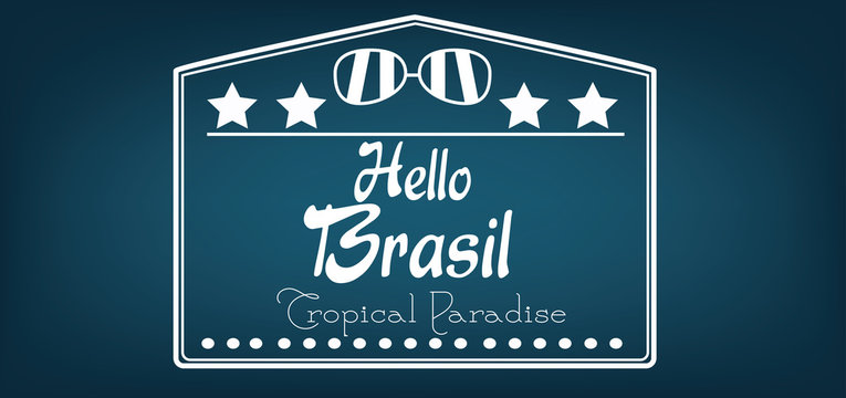 Hello Brasil card with stars and sunglasses over dark blue background, in outlines. Digital vector image
