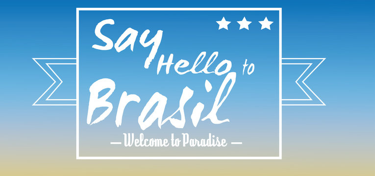 Say hello to Brasil card with stars over blue background, in outlines. Digital vector image