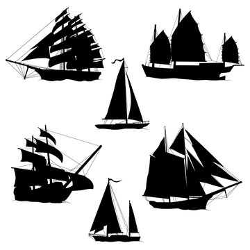 Sailboats and Sailing Ships Black Silhouettes- Vector illustration