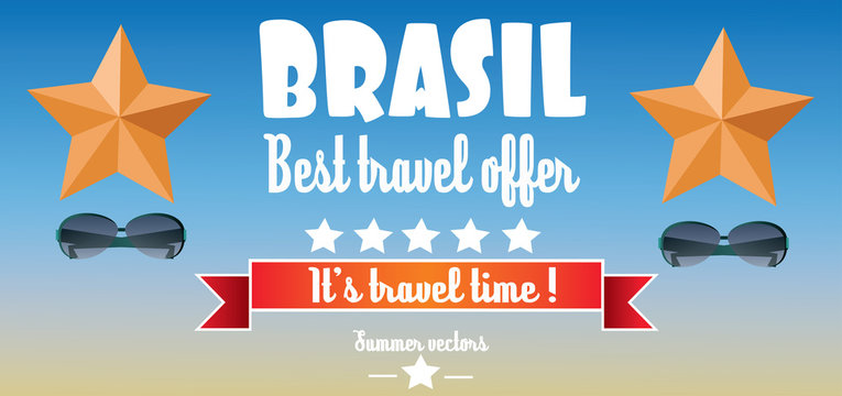 Brasil, best travel offer card with stars and sunglasses over blue background, in outlines. Digital vector image