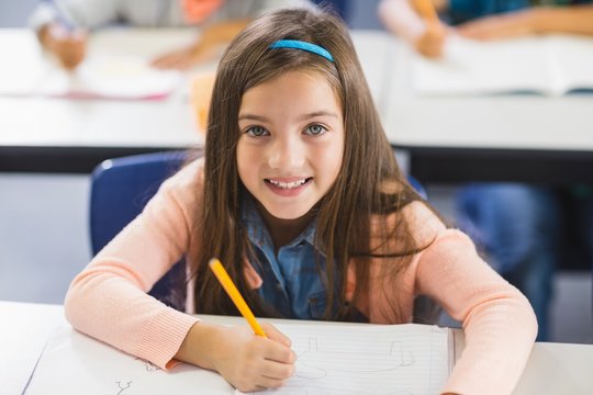 Portrait of schoolgirl studying in classroom