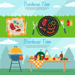 Fruit, wine, barbecue, picnic grill, watermelon on the grass set. Summer time on meadow.