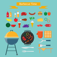 Fruit, wine, barbecue, picnic grill, watermelon on the grass set. Summer time on meadow.