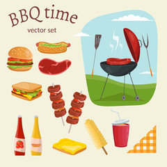 Fruit, wine, barbecue, picnic grill, watermelon on the grass set. Summer time on meadow.