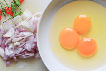 Omelette ingredients. eggs,shallots, chilli