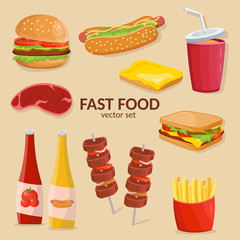 Colorful cartoon set of fast food vector isolated icons. Ketchup, sauce, mustard, french fries, hamburger, potatos, hot dog.