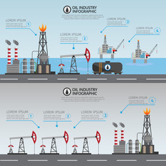 Oil industry processing and transportation infographics set production elements.