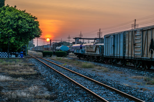 Railway at train station on sunset,hdr style