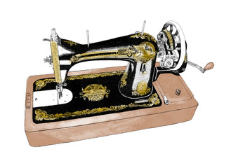 Vintage old retro Sewing Machine pencil Ink Illustration.