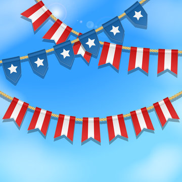 Vector colorful bunting decoration in colors of USA flag on a blue sky background. Garland, pennants on a rope for american celebration, special events. Patriotic background with stars and stripes.