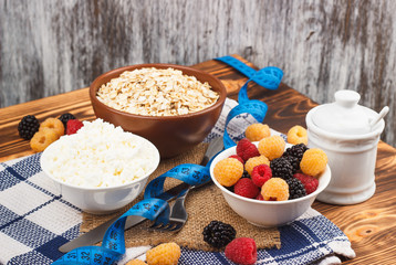 Portion of oatmeal in the bowl with different berries