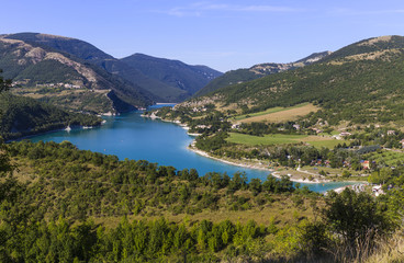 Aerial view of Lake Fiastra in the National Park of the Sibillini Mountains in Italy.