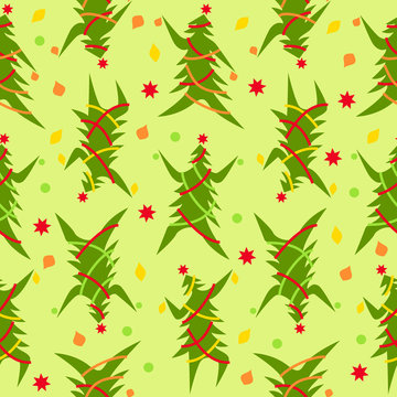 Seamless pattern of dancing Christmas trees in bright colours