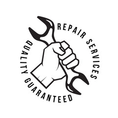 hand holding wrench tool logo emblem template