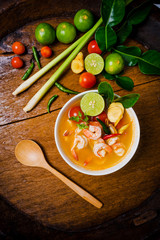 Tom yam kong or Tom yum soup. Thai food.