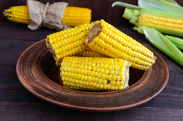Cooked and raw corncobs on a dark wooden background.