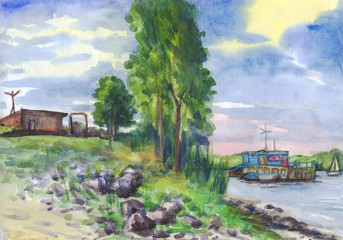 Fototapeta na wymiar Shore of the river, pier. Watercolor painting