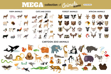 Huge collection of funny cartoon animals, birds, pets, farm, and sea creatures. African, arctic, tropical wild animals.
