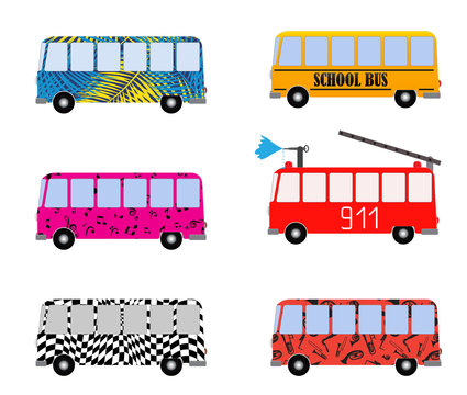 Set of Painted Cartoon Buses for Vacation, School, Fire truck and Musical